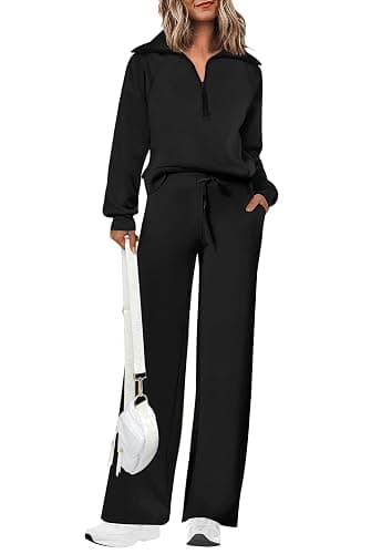 PRETTYGARDEN Women's 2 Piece Outfits Casual Lapel Half Zip Sweatshirts And Wide Leg Pants Tracksuit Sets - Image 1