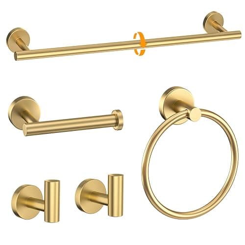 Brushed Gold Towel Bar Set 5 Pieces Round Bathroom Hardware Set Includes 23.6in Towel Bar Towel Ring Toilet Paper Holder Towel Hooks Stainless Steel Wall-Mounted Bathroom Towel Holder Set - Image 1