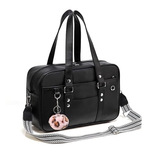 Chillpaper Large Japanese School Shoulder Bag,Faux Leather Tote Messenger Crossbody Bag with Pink Pompom Stripe Strap - Image 1