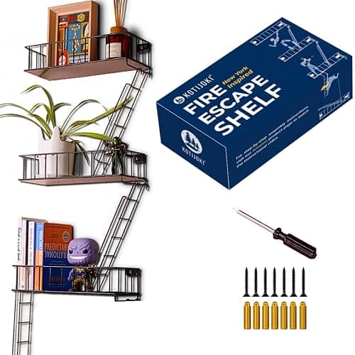 KOTIJOKI Fire Escape Wall Shelf - New York Metal Decorative Shelf with Screwdriver & Screws, Rustic Wall Shelves for Bedroom, Home Décor, Action Figure Display (3-Tier Black Floating Shelves) - Image 1