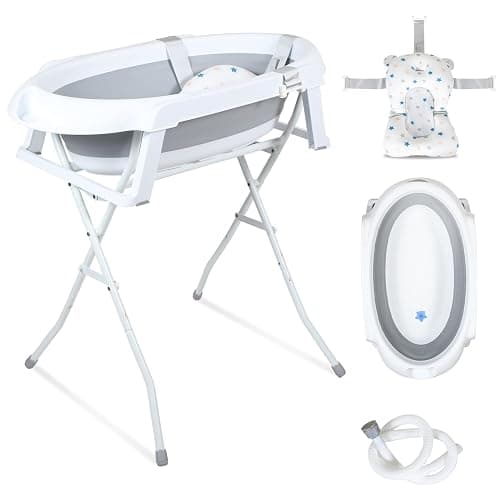 Ansobea - Vasca da bagno pieghevole con supporto antiscivolo, tappetino da bagno e inserto per vasca da bagno per neonati e bambini, Grigio - Image 1