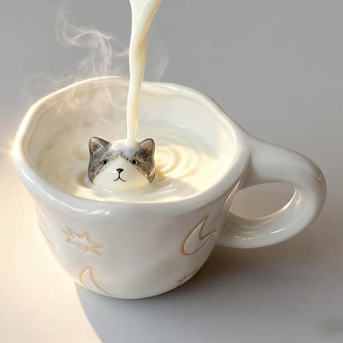 MisUtime 3D Peeking Cat Ceramic Mug - 12 oz Cute Coffee Cup with Stars & Moon Pattern, Hidden Animal Figurine for Coffee/Tea, Cute Birthday Gift for Cat Lovers - Image 1