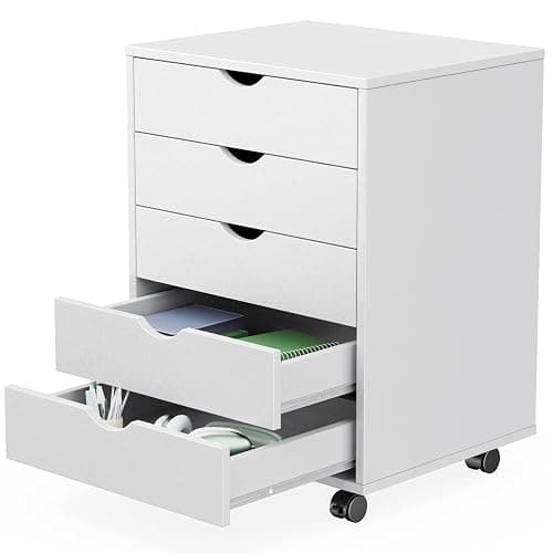 Sweetcrispy 5 Drawer Chest Mobile Storage Cabinets Small Wooden Dresser with Wheels Room Organization Furniture for Office Home, White Wood - Image 1
