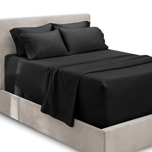 Hearth & Harbor Luxury Soft 6 Piece Bed Sheet Set Extra Deep Pocket Fitted Sheets Fits Mattress up to 21", Double Brushed Bedding, Queen, Black - Image 1