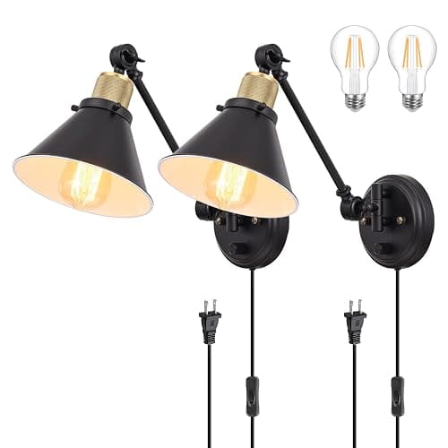 TRLIFE Wall Sconce Plug in, Dimmable Wall Sconces Swing Arm Wall Lights with Plug in Cord, Wall Mounted Light with Dimmer On/Off Knob Switch, UL Listed(2 Pack, 2 Bulbs Included) - Black - 2 Pack - Image 1