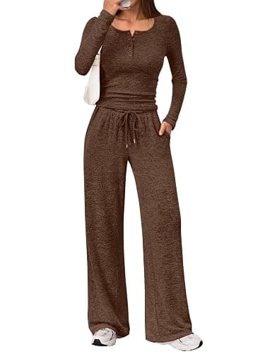 Trendy Queen Women's 2 Piece Matching Lounge Sets Fall Fashion Outfits Henley Neck Sweater Top Wide Leg Pants Sweat Suits - Image 1