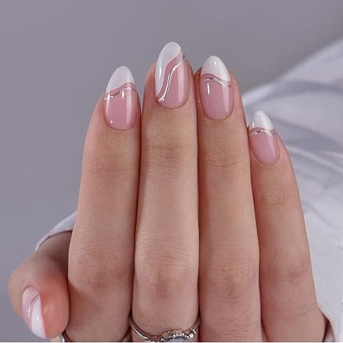 BTArtbox Press On Nails Almond - Swirl French Tip Press On Nails Short for Gifts, Nail Tips, Pink Fake Nail with Glue, Glue On Nails in 16 Sizes - 30 Nail Kit, Tiny Silver - X-Tiny Silver - Image 1
