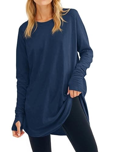Fisoew Women's Casual Long Sleeve Tops Crew Neck Round Hem Loose T-Shirts Tunic Tops with Thumb Holes - Image 1