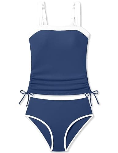 Queenstyle Teen Girls Tankini Swimsuit 2 Piece Bathing Suit Color-Block Drawstring Girls' Swimwear for 9-16 Years - Image 1