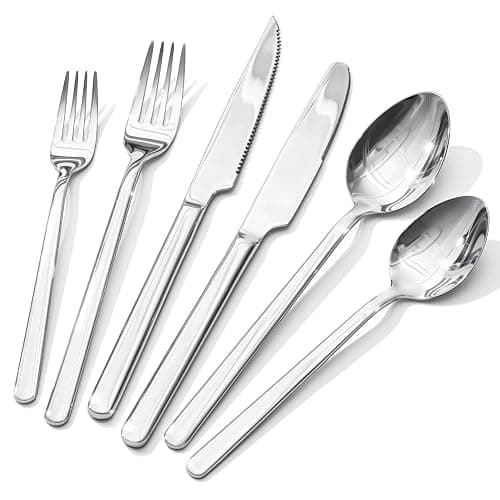 KINGSTONE 24-Piece Silverware Set with Steak Knives, Flatware Set for 4, Stainless Steel Tableware Cutlery Set for Home Restaurant, Mirror Finish,Modern Design - Image 1