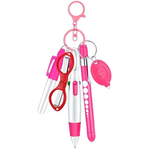 MotiMind 6 Pcs Nurse Pen Set Include Permanent Marker Pen Retractable Ballpoint Pen Keychain Clip Foldable Scissors Lights LED Flashlight Keychain for Nurse Accessories(Pink) - Image 1