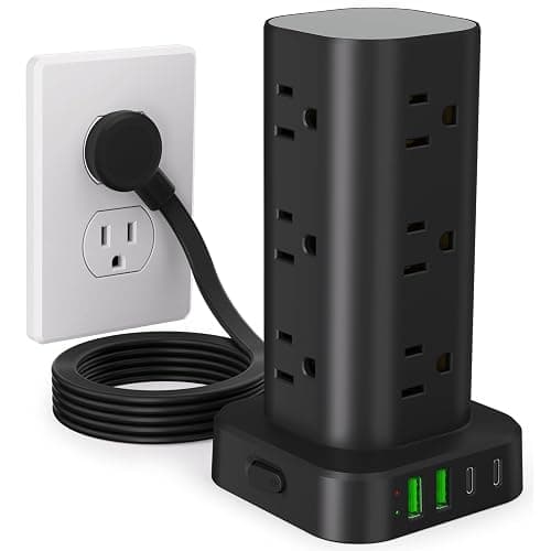 Power Strip Tower with Multiple Outlets, Flat Plug Surge Protector Tower Extension Cord with 12 AC Outlets 4 USB Ports (2 USB C), 6FT Cord Power Tower Surge Protector for Home Office Dorm Room, Black - Image 1