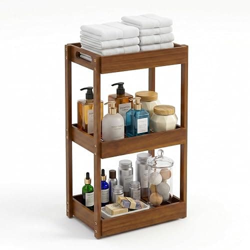 BEEFURNI 3-Tier Corner Standing Acacia Wood Shower Caddy Organizer | Freestanding corner standing, waterproof wooden shower shelf standing, shower floor shelf for inside shower, bathroom, spa - Image 1