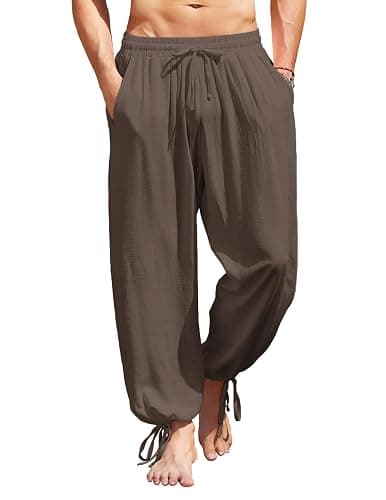 COOFANDY Men's Cotton Linen Pants Casual Harem Pants Elastic Waist Beach Boho Yoga Trousers - Image 1