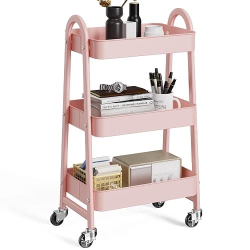 OLIXIS 3 Tier Utility Rolling Cart, Metal Mobile Storage Shelf with Lockable Caster Wheels, Organization for Livingroom, Bathroom & Narrow Places, Pink - Image 1