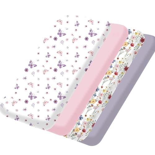bimocosy Mini Crib Sheets,Pack and Play Sheets for Baby Girl Boy 4 Pack,Size 38"x 26" for Playard Mattress,Portable Mini Crib,Soft Pack N Play Sheets Fitted,Butterfly/Floral/Pink/Purple - Image 1
