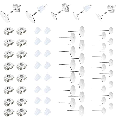 450PCS Earring Posts Stainless Steel Flat Pad,Hypoallergenic Stud Earrings with Butterfly and Rubber Bullet Earring Backs for Jewelry DIY Making Findings (Silver) (Silver) - Image 1