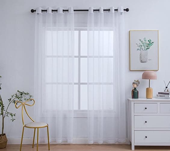 PI Sheer Window Curtains Home Decoration Solid Voile Panels with Ring Top for Bedroom 2 Panels (W52 X L90, Optical White) - Image 1