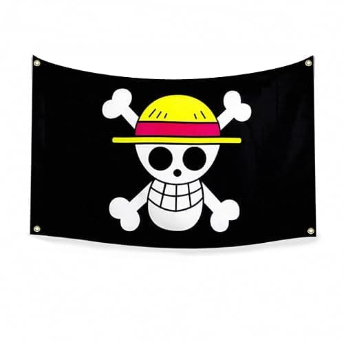 5x3 FT Multicolor Anime Style Pirate Flag with Luffy's Straw Hat Skull Design for Halloween Decor, Japanese Theme Party, Room Decoration - Image 1