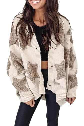 KevaMolly Women Star Sherpa Textured Pockets Knit Cardigan | Open Front Loose Knit Cardigan,Star Sherpa Textured Outerwear Equipped With Functional Pockets;Acrylic Blend Knit Fabric - Image 1