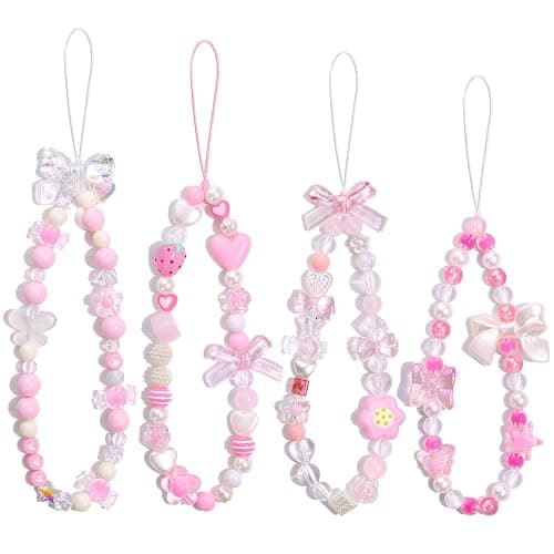 4 PCS Cute Phone Charms Aesthetic Y2K Cellphone Wrist Strap Bedazzling Bear Bow Butterfly Flower Heart Star Accessories Pink Beaded Phone Chain String for Bag Keychain Airpods Camera Pendants Decor - Image 1