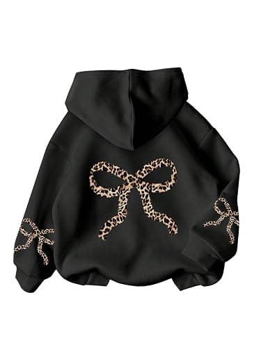 RoseSeek Girl's Bow Cheetah Leopard Hoodies Long Sleeve Pullover Tops Preppy Cute Sweatshirts Hoodies - Image 1