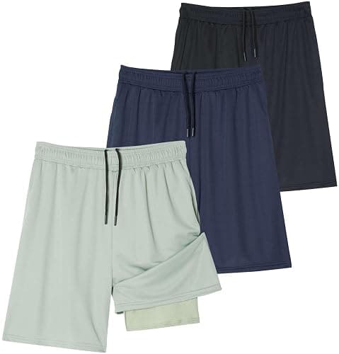 Real Essentials 3 Pack: Men's 2 in 1 Mesh 7" Running Workout Gym Shorts with Compression Liner (Available in Big & Tall) - Image 1