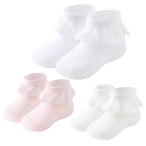 Mini angel Baby Girls Socks Eyelet Ruffle Lace Frilly Dress Socks for Newborn Infant Toddler 3/6 Pairs - Image 1