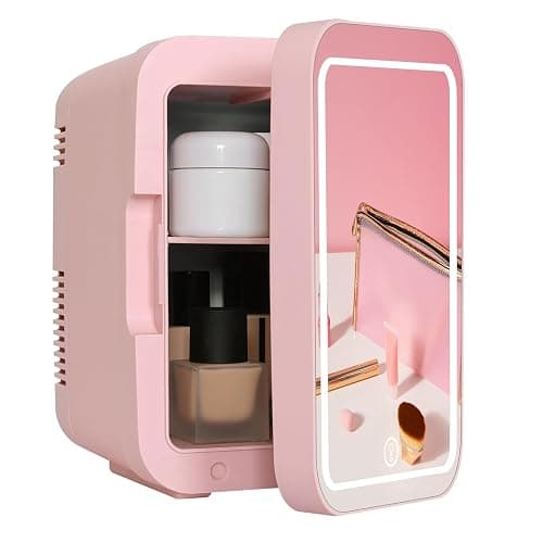 ARTETHYS Mini Fridge for Bedrooms 4L Skincare Beauty Fridge with LED Mirror Compact Car Fridge for Home Office Cosmetic, 220V AC/12V DC, Pink - Image 1