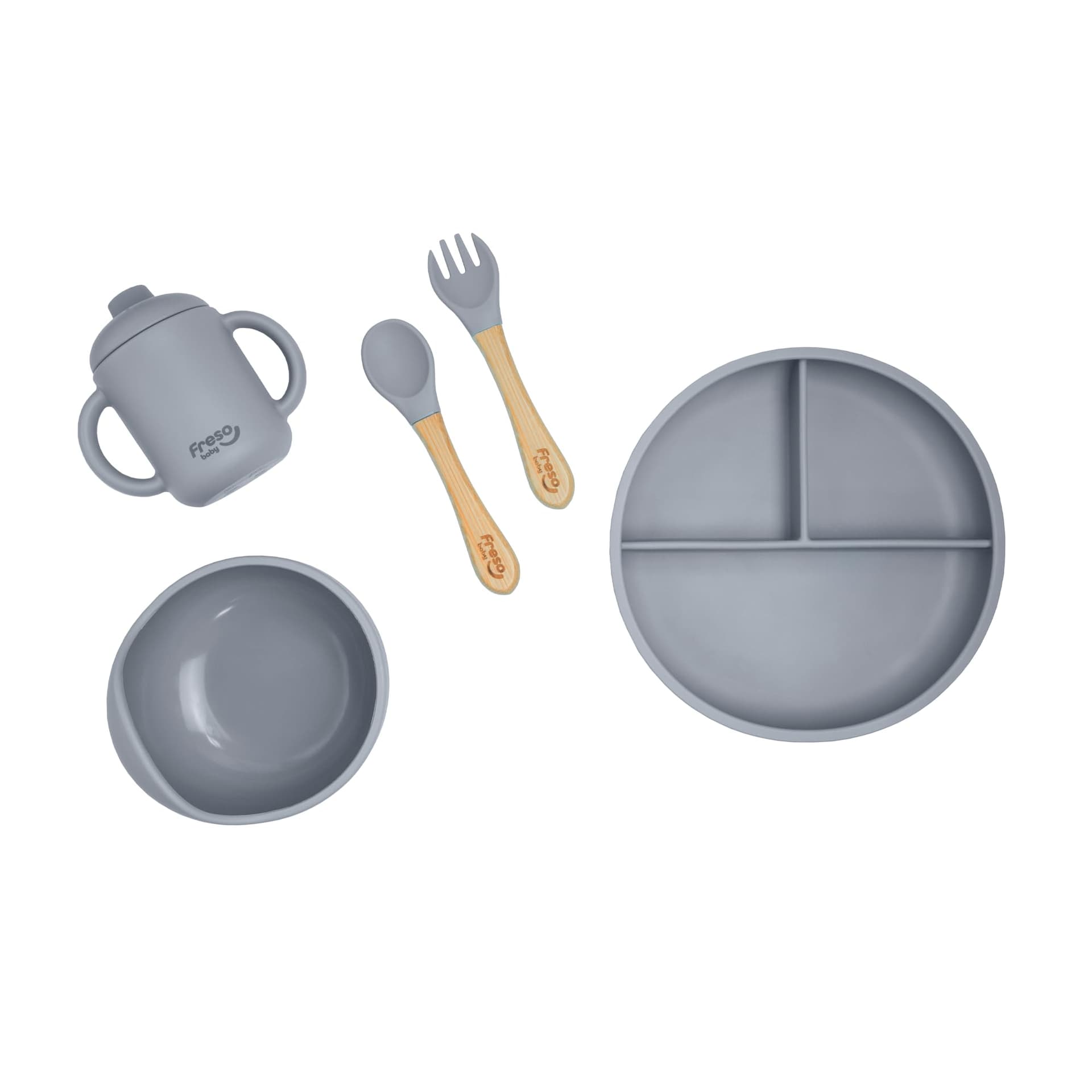 Freso Baby Kit Alimentação De Bebê Silicone Atóxico Livre Bpa Introdução Alimentar Blw Tigela Prato Ventosa Talher Infantil Fácil De Limpar Cor Cinza - Cinza - Image 1