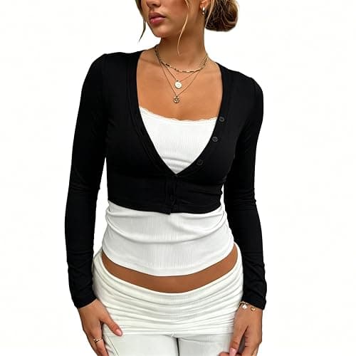 Women Cute Long Sleeve Button Down Crop Top Y2k Low Cut V Neck Slim Fitted Shrug Cardigan Coquette Going Out Yoga Shirt - Image 1