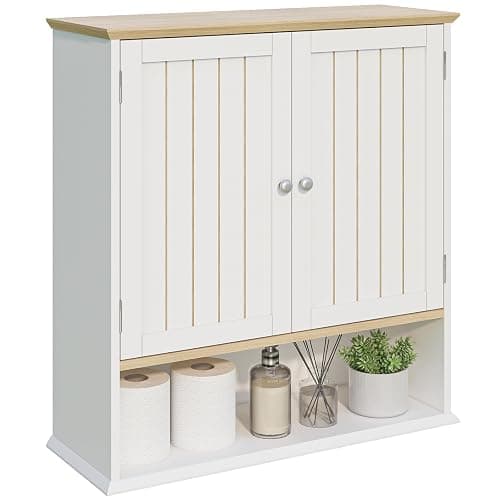 Viaozutis Bathroom Wall Cabinet with 2 Doors & Open Shelf – Over-The-Toilet Space Saver Medicine Cabinet, Wooden Wall Mounted Cupboard for Bathroom Storage & Organization White - Image 1