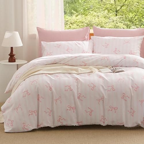 Erwinmu Girls Comforter Set Twin Size,2 Pieces Pink Bow Ties Comforter Bedding Sets Striped Pattern Back to School for Girls Kids,Soft Cozy Microfiber Comforter and 1 Pillowcase - Image 1
