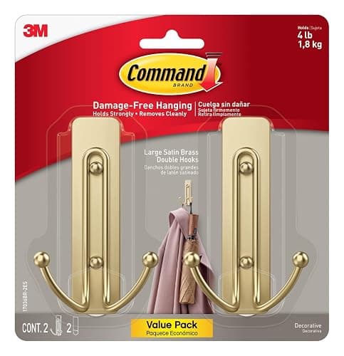 Command Large Satin Brass Double Hooks, 2 Coat Hooks and 2 Strips, Damage-Free Hanging with Adhesive, Great for Hanging Christmas Decorations, Holds up to 4 lb - Image 1