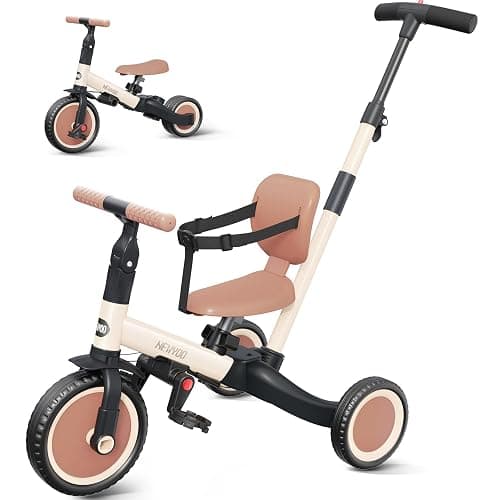newyoo Toddler Tricycle with Push Handle for 1-3 Year Old, Toddler Bike, Birthday Gift and Toy for Boys and Girls, 5 in 1 Kids Trike, Balance Bike with Backrest and Safety Belt, Khaki, TR007 - Image 1