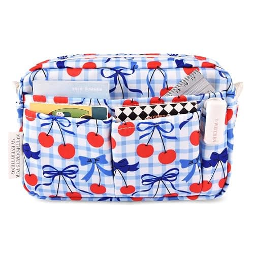 E-WEICHEN Multiple Pockets Portfolio Organizer with Zippered, Makeup Bag Travel Essentials for Women, Simple Waterproof Stationery Pencil Pouch Bag for Journal Office Art Supplies.Blue Cherry - Image 1
