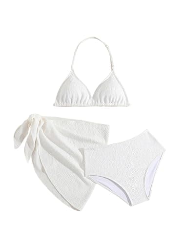 SHENHE Girl's 3 Pieces Halter Triangle Bikini Sets Spaghetti Strap Swimsuit Smocked Bathing Suit with Beach Skirt - 10 Years - White - Image 1