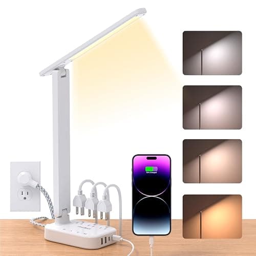 Power Strip with LED Desk Lamp, 3 Outlets 4 USB Ports(2 USBC) 4 Modes 5 Level Touch Lamp Small Desk Lamp for Home Office Bedroom Bedside, Study Reading Light, 5ft Extension Cord, Dorm Room Essentials - 5 Ft - White - Image 1