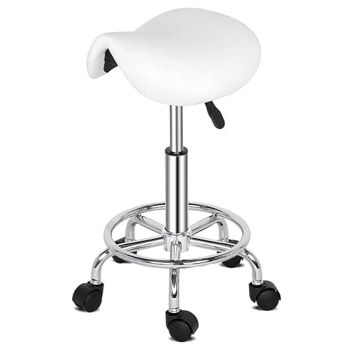 Professional Saddle Stool - Ergonomic Chair - Comfortable Saddle Stool with Wheels - Swivel Salon Cutting chair for Kitchen, Salon, Spa, Tattoo, Pedicure, Massage -Esthetician Chair,White - Image 1