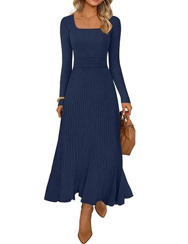 MEROKEETY Women's Sweater Dress 2025 Fall Winter Casual Long Sleeve Square Neck Pleated Church Work Knit Midi Dresses - Image 1
