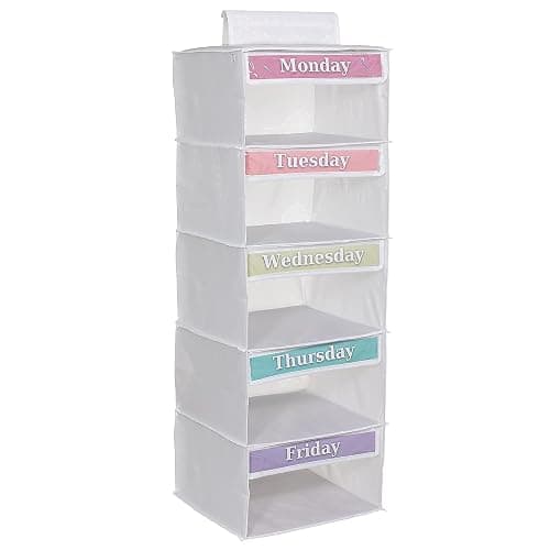Three Sweet Peas Co 5-Shelf Weekly Clothes Organizer for Kids, 33-Inch Hanging Closet Storage Unit for School Outfits, Monday Through Friday Daily Clothing Divider for Boys and Girls - Image 1