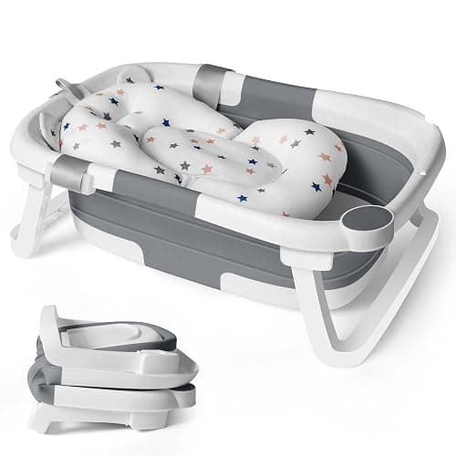 Baby Bath Foldable Tub Collapsible Bathtub Baby Bath Essentials for Newborn with Seat Support Cushion Stand Folding Baths for Toddler 0-12 Months Travel Portable Infant Tubs Soft Bathing Kids Grey - Image 1