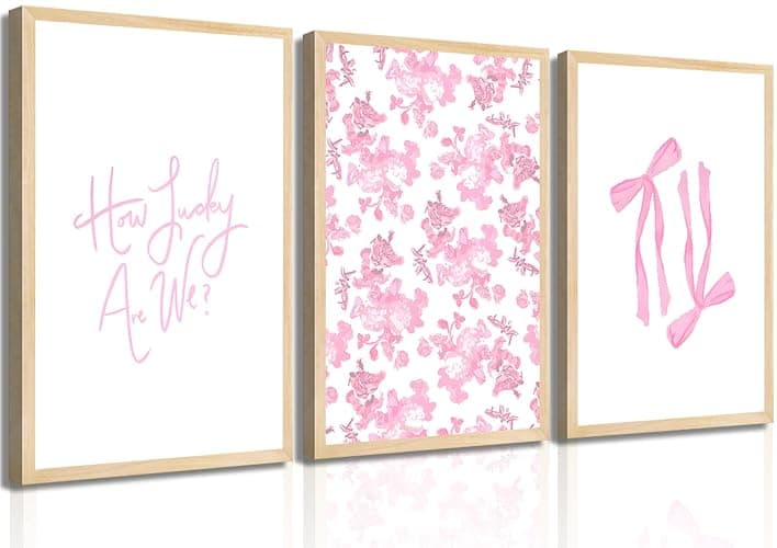 3Pcs Pink Floral Bow Wall Art How Lucky Are We Wall Decor Pictures Trendy Preppy Canvas Poster Prints for College Dorm Apartment Girl Room Decorations Unframed (16x24in poster) - Image 1