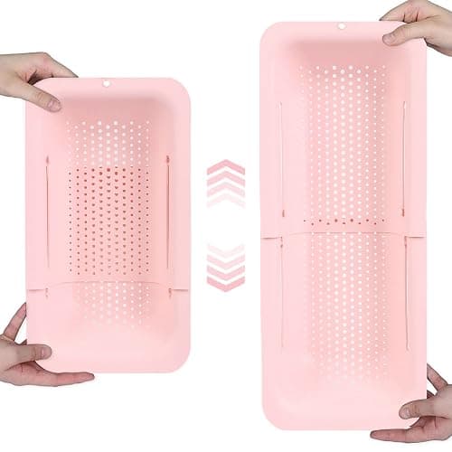 BLUE GINKGO Over the Sink Colander Strainer Basket - Wash Vegetables and Fruits, Drain Cooked Pasta and Dry Dishes - Extendable - New Home Kitchen Essentials (Pink, 1 Pack) - Image 1