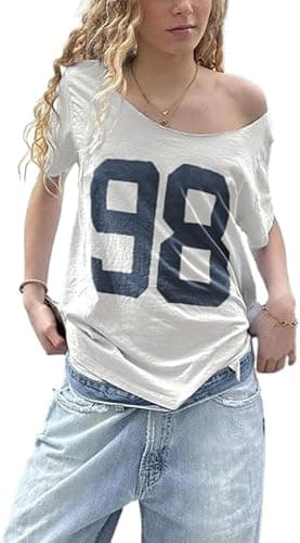 Women's Oversized Jersey Off Shoulder Shirt Crewneck Number Graphic T Shirt Y2k E-Girl Summer Going Out Tops - White - Small - Image 1