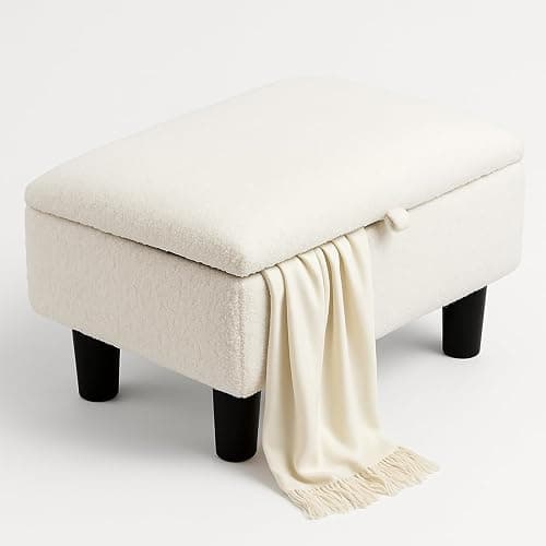 YORKING Footstool with Storage, Small Ottoman Stool, Teddy Fleece Fabric Footstool with Padded Seat, Sofa Footrest Extra Seating for Living Room Bedroom Entryway, 15.7"×11.8"×9.4", Teddy White - Image 1