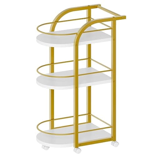 YATINEY 3-Tier Bar Cart, Home Bar Serving Cart with Fence and Wheels, for Dining Room, Living Room, Garden, Party, White and Gold BC06DW - White + Gold - Image 1