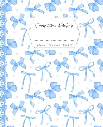 Super Cute Preppy Aesthetic Composition Notebook Pastel Blue & White Coquette Bows: Wide Ruled Journal for Girls, Kids, Teens; Y2K Cool Girly School Supply - Image 1