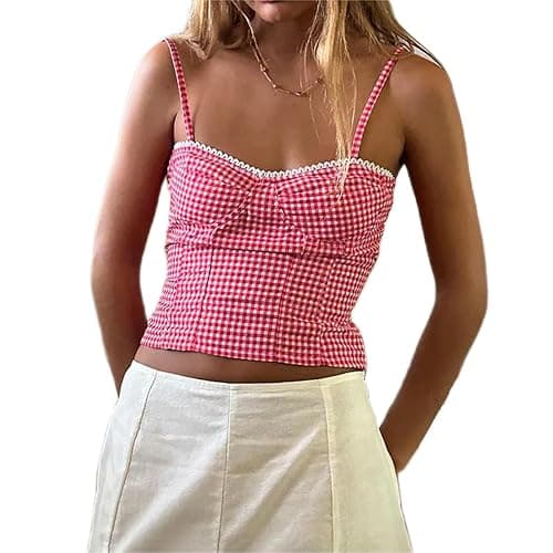 Alyweatry Women Y2k Gingham Tank Top Sleeveless Coquette Aesthetic Plaid Print Cami Crop Top Summer Going Out Top - Small - Red Cami Top - Image 1