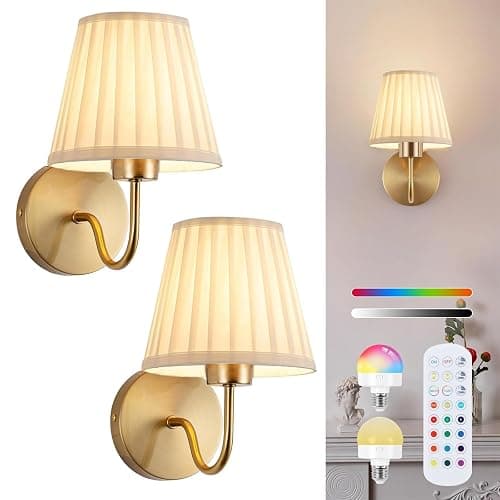 Vintage Battery Operated Wall Sconces Set of 2, Pleated Fabric Shade Gold Wall Lamp with Remote Control, Cordless Rechargeable Wall Sconces Fixtures for Bedroom, Living Room, Beside (2 Bulbs Included) - Image 1
